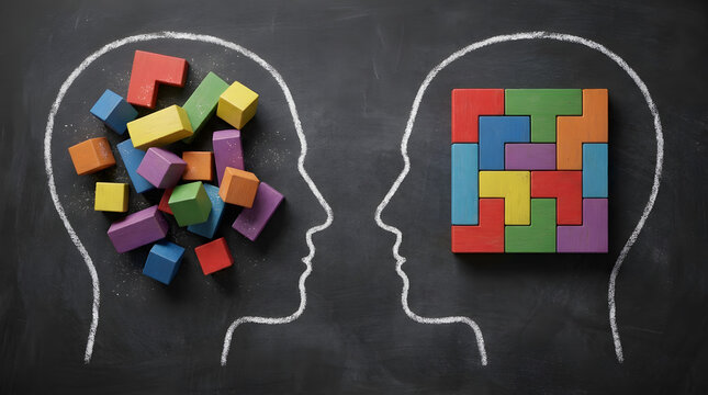mental health chaos and order concept | cognitive psychology problem solving illustration | organized vs disorganized thinking process | psychotherapy and mindfulness blackboard art