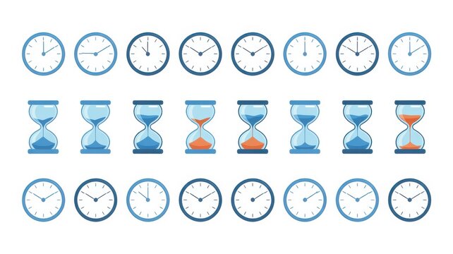 Set of hourglass and clock icons for time management and scheduling