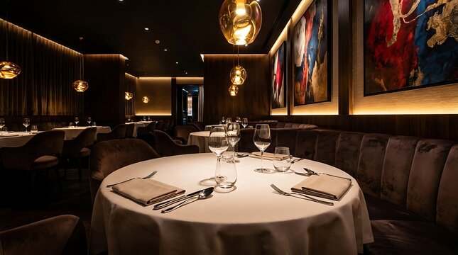 Sophisticated fine dining restaurant interior with elegant place settings, ambient lighting, and modern art, creating a luxurious and intimate atmosphere for guests