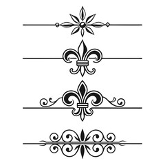 Group of four decorative horizontal separators with fleur de lis and abstract floral designs elegant vintage elements for invitations and text framing classic graphic design resources. © Sobur
