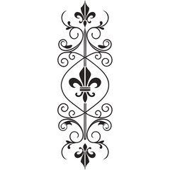 Elegant vertical decorative border element with central fleur de lis motif surrounded by detailed swirling flourishes and intricate calligraphic lines for sophisticated wedding stationery print art. © Sobur