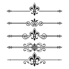 Elegant fleur de lis divider borders set for vintage invitation decoration classic royal heraldic lily symbols for luxury stationery design black filigree vector elements on white background. © Sobur