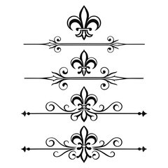 Set of elegant fleur de lis page dividers for sophisticated document design royal heraldic flourishes for vintage invitations and luxury stationery borders black filigree decorative elements. © Sobur