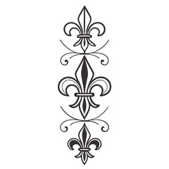 Vertical fleur de lis composition with artistic line flourishes for elegant page decoration classic heraldic lily ornament for luxury stationery design black vector filigree scroll elements. © Sobur
