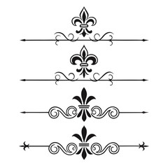 Set of elegant black vector design elements in a classic vintage style, decorative page dividers with fleur de lis symbol and ornate scrolls. © Sobur