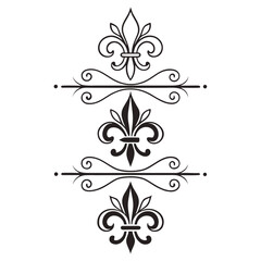 Vector design elements in a classic vintage style, decorative page dividers with fleur de lis symbol and ornate scrolls arranged vertically. © Sobur