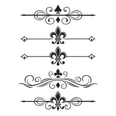 Set of decorative vector page dividers in a classic vintage style, elegant scroll work with fleur de lis symbol and intricate details. © Sobur