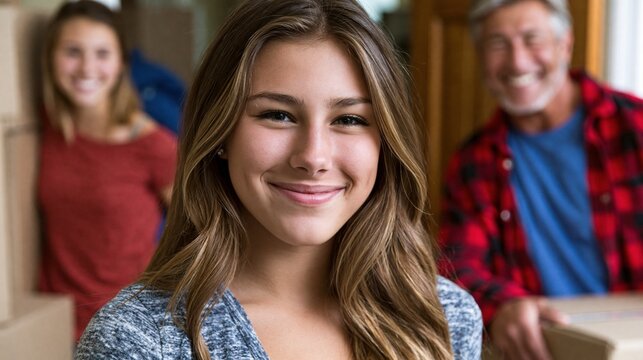 Young female college student moving her stuff out of home to a college dorm with her smiling parents in the background	
