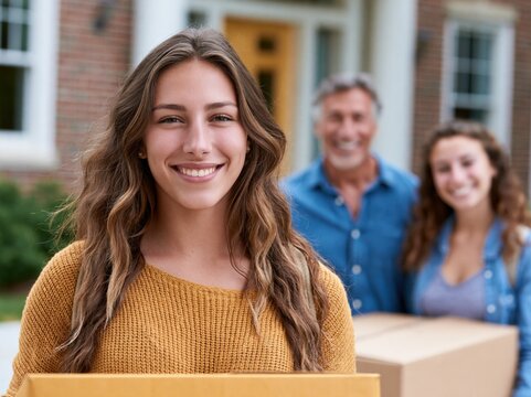 Young female college student moving her stuff out of home to a college dorm with her smiling parents in the background	
