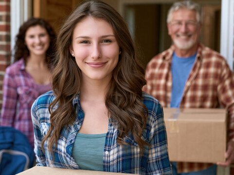 Young female college student moving her stuff out of home to a college dorm with her smiling parents in the background	
