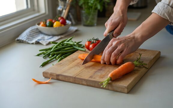 A person is chopping fresh carrots on a wooden cutting board next to green beans and tomatoes in a bright kitchen setting