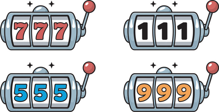 Lucky slot machine icon set featuring 777, 111, 555 and 999 winning combinations, representing jackpot, casino entertainment, gaming and success in a modern vector illustration.