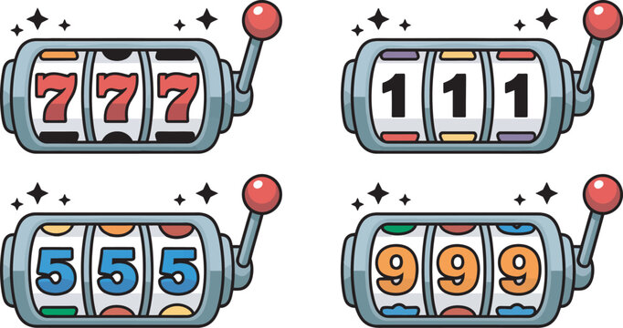 Lucky slot machine icon set featuring 777, 111, 555 and 999 winning combinations, representing jackpot, casino entertainment, gaming and success in a modern vector illustration.