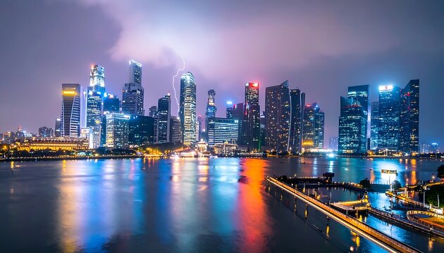Illuminated city skyline at twilight with lightning strike