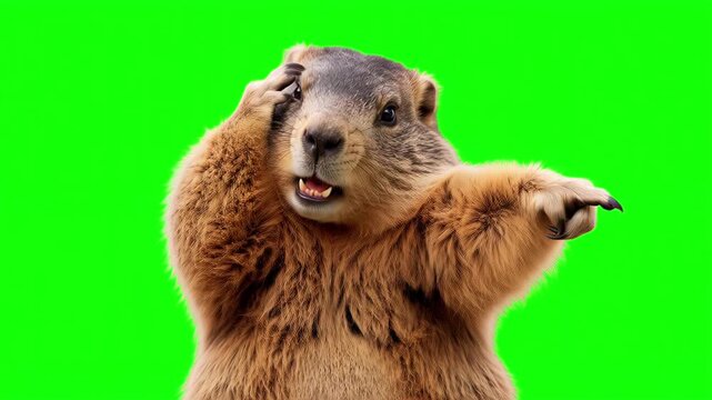 Realistic marmot pointing right doing facepalm gesture, frustrated mistake presentation concept isolated on chroma key green screen background. 3D.