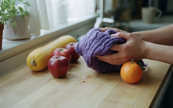 A person holds a purple knitted dish towel over a wooden counter with fresh fruits including apples and an orange nearby