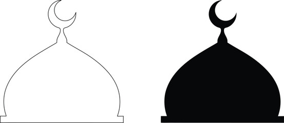 Islamic mosque dome silhouette graphic illustration featuring crescent moon symbol for muslim religious celebrations and design. © Rupasi