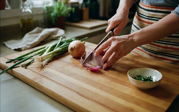 A person in a striped shirt carefully slices red onions and green onions on a wooden cutting board in a cozy kitchen setting