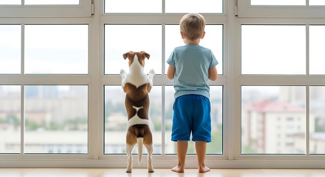 Young boy and dog looking out window, playful moment, childhood innocence. Child and pet enjoying sunny day, indoor scene with natural light.