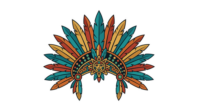 Colorful indigenous Aztec feather headdress ceremonial crown emblem.