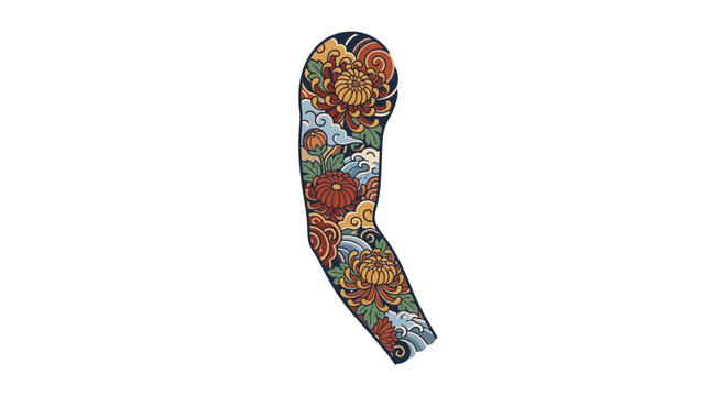 Colorful Japanese tattoo sleeve design with floral motifs.