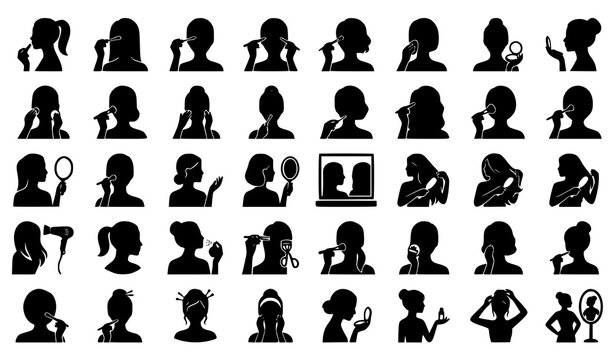 Woman applying makeup silhouette icon set with girls using lipstick mascara powder brush eye shadow mirror and beauty routine poses isolated on white background