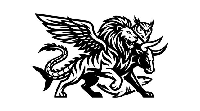 Complex winged chimera beast with multiple heads