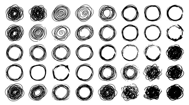 Hand drawn scribble circles set of various shapes and textures.