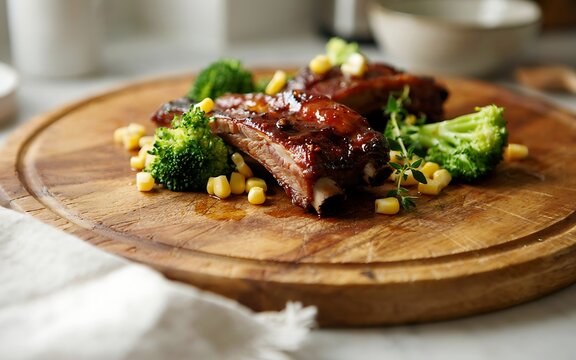 A delicious plate of glazed barbecue ribs served with fresh steamed broccoli and sweet corn on the cob on a wooden board