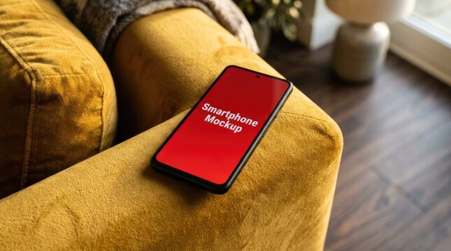 Realistic phone mockup on yellow couch showcase your app or website design