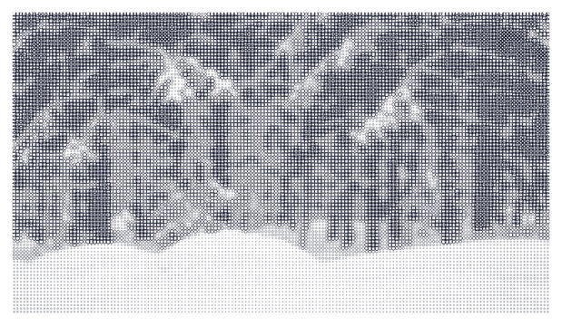 Abstract mountain range scenery in halftone circle design.
