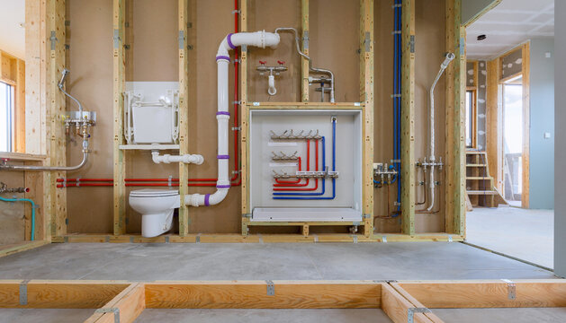 Detailed Plumbing Installation in a Modern Residential Bathroom Under Construction with Exposed Manifolds, Pipes, and Wall-Hung Toilet Fixture