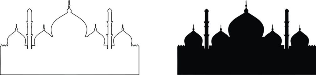 Majestic mosque skyline silhouette with various domes and minarets for middle eastern architectural background and desi. © Rupasi