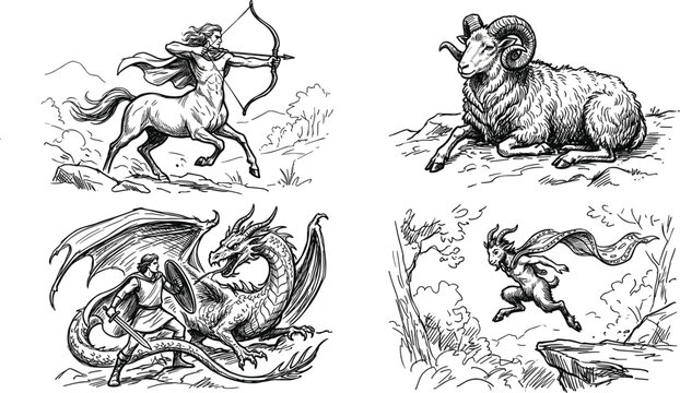 Mythological creature and fantasy monster collection set featuring hand drawn centaur dragon knight satyr and ram