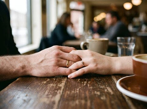 Interlocked hands on wooden table intimate connection in cafe setting