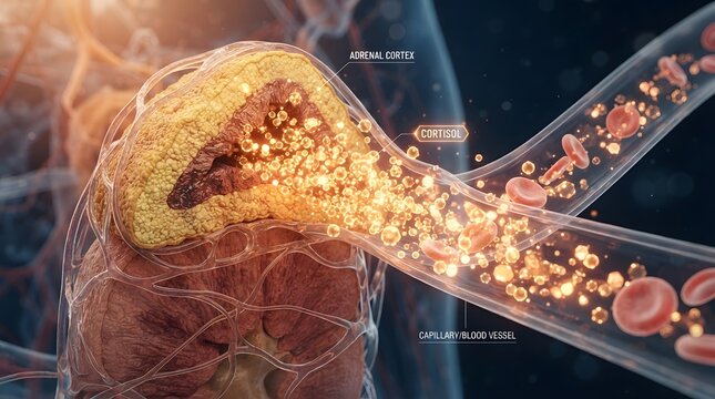 Medical illustration showing cortisol hormone release from adrenal cortex into bloodstream.