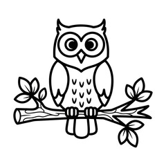 Obraz premium Stylized creature with large eyes perched on a tree branch filled with leaves depicted as a line art design for coloring representing nocturnal wildlife and forest nature