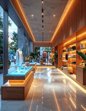 Modern boutique interior with warm lighting