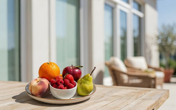 A fresh assortment of seasonal fruits including apples, pears, raspberries, and an orange arranged on a wooden table near a modern patio with comfortable seating