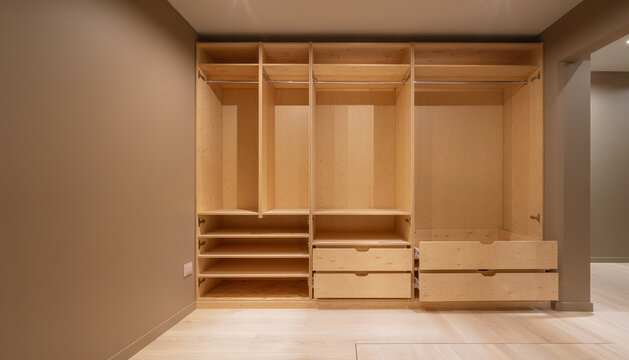 Modern Custom-Built Wooden Wardrobe System with Multiple Shelves, Hanging Rods, and Drawers in a Minimalist Dressing Room or Walk-in Closet