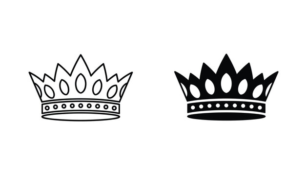 Crown vector icon isolated on white Black and white outline line art and solid glyph silhouette