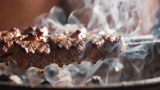 Close up of juicy beef skewers cooking over hot coals, smoke rising from the grill, barbecue food, outdoor cooking