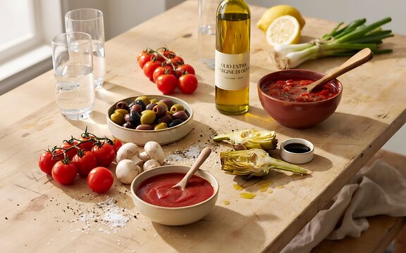 Fresh ingredients including tomatoes, garlic, mushrooms, olives, and olive oil arranged on a wooden table for homemade cooking preparation
