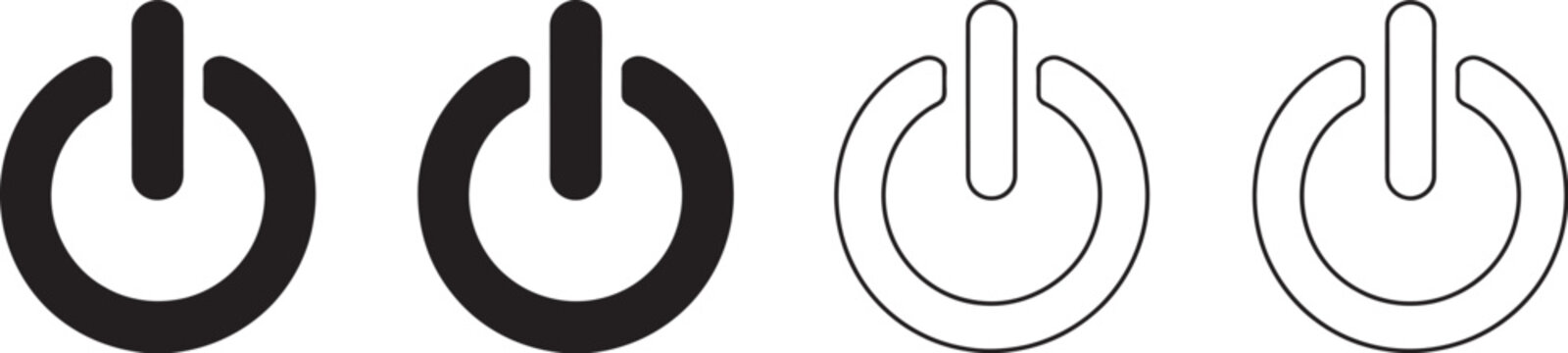 Power icon set featuring power switch icons, electric power symbols and on off button signs in outline, solid and colored vector styles for user interfaces, electronics and technology concepts.