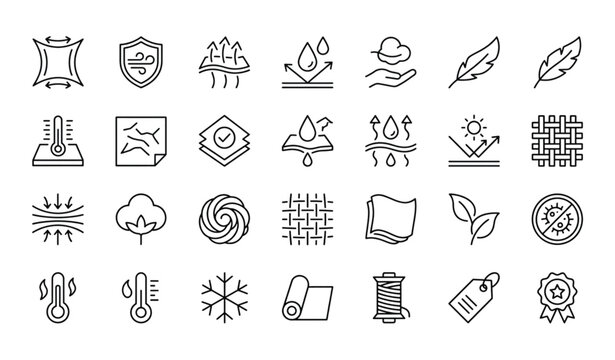 Fabric Properties Line Icon Set with Stretching Windproof Breathable and Textile Technology Symbols