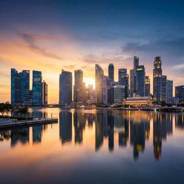 Singapore city skyline at sunset with modern skyscrapers reflecting in the calm water of Marina Bay. Urban landscape of the financial district under a vibrant evening sky