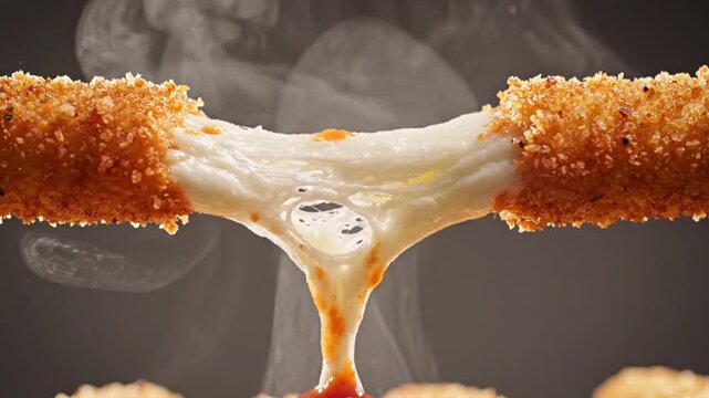 Crispy breaded mozzarella cheese stick being pulled apart, gooey melted cheese stretching, herbs and spices falling, extreme closeup