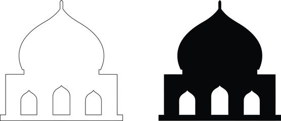 Mosque building icon black silhouette and outline set for islamic religious architecture design with domes and arched doors. © Rupasi