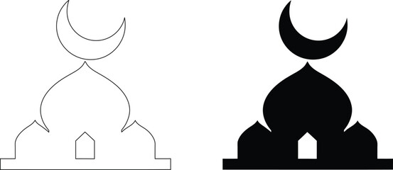 Mosque dome and minaret outline and filled style icon, islamic architecture vector illustration. © Rupasi