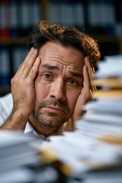 Stressed office worker overwhelmed by paperwork late at night
